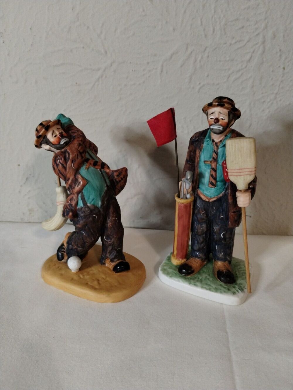 2 Vintage Porcelain Original Emmett Kelly Circus Collection Hobo Clown - Golfing